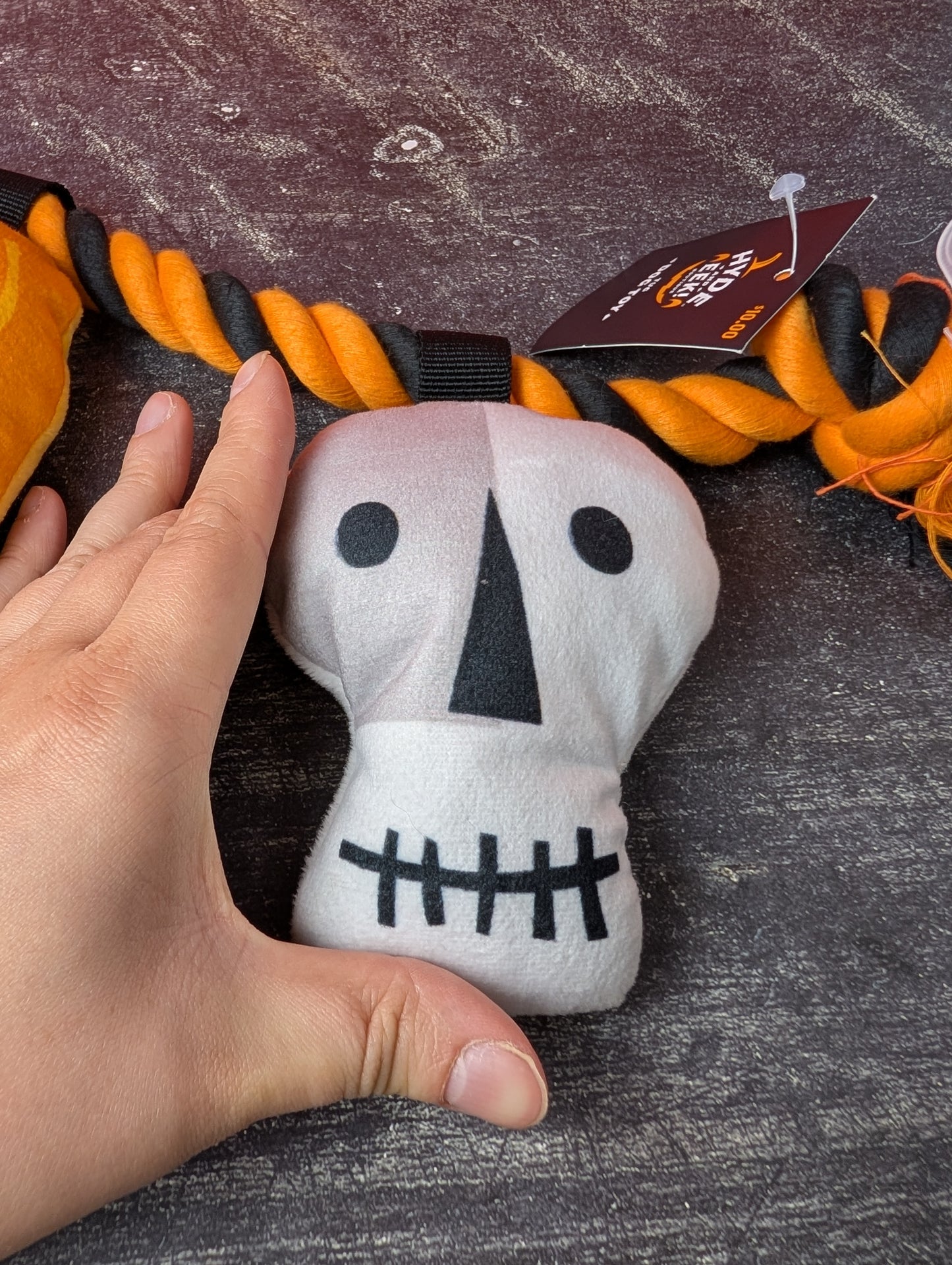 Hyde and Eek pumpkin, gravestone and skull rope toy