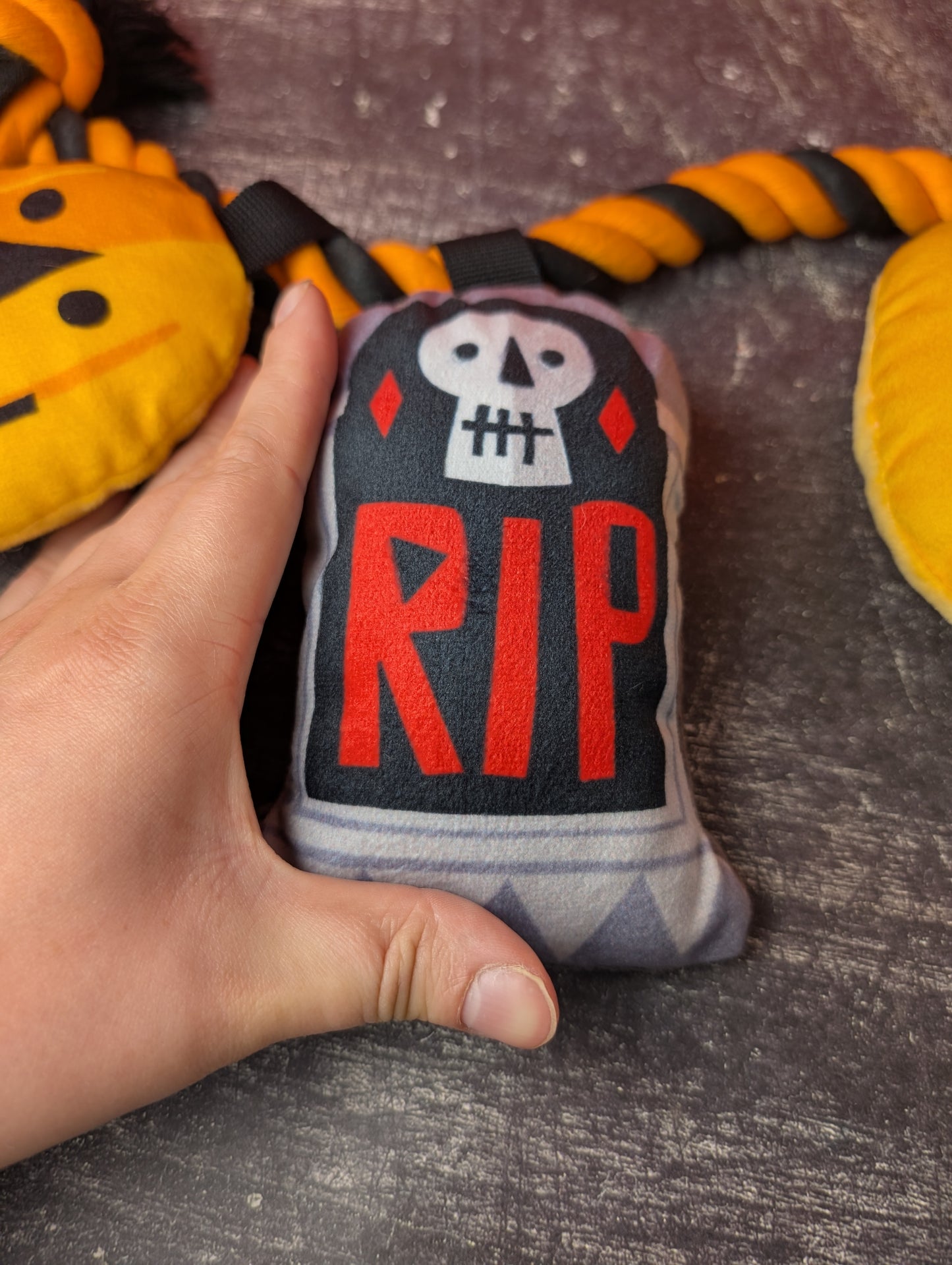 Hyde and Eek pumpkin, gravestone and skull rope toy