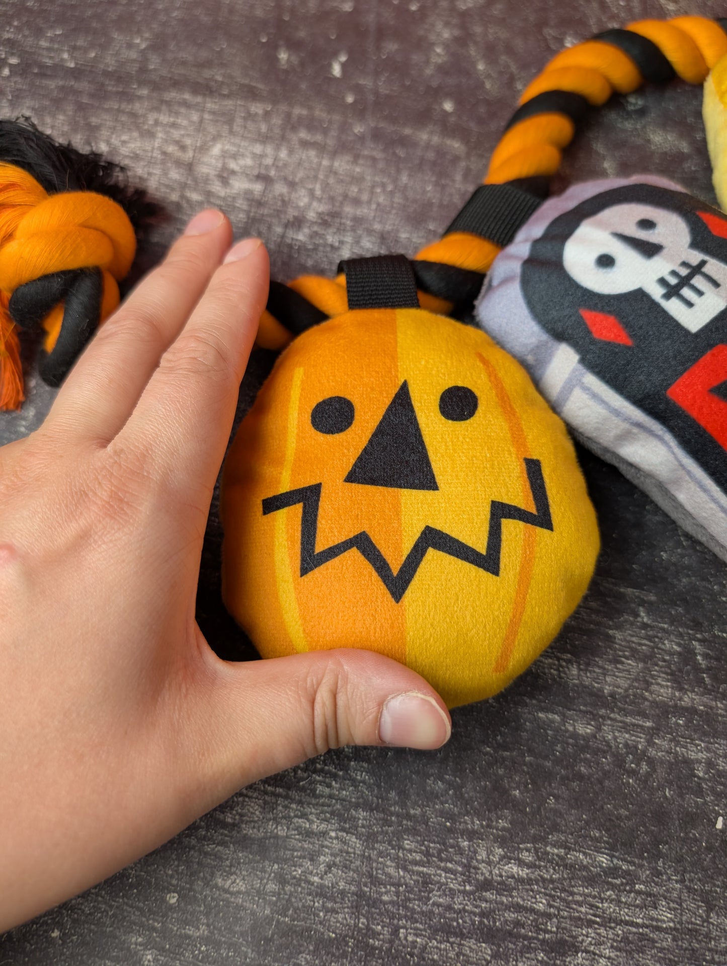 Hyde and Eek pumpkin, gravestone and skull rope toy