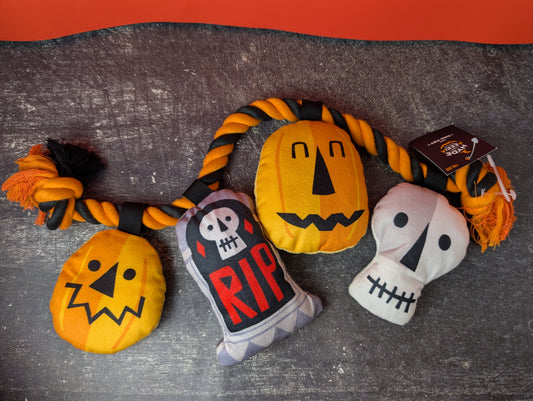 Hyde and Eek pumpkin, gravestone and skull rope toy